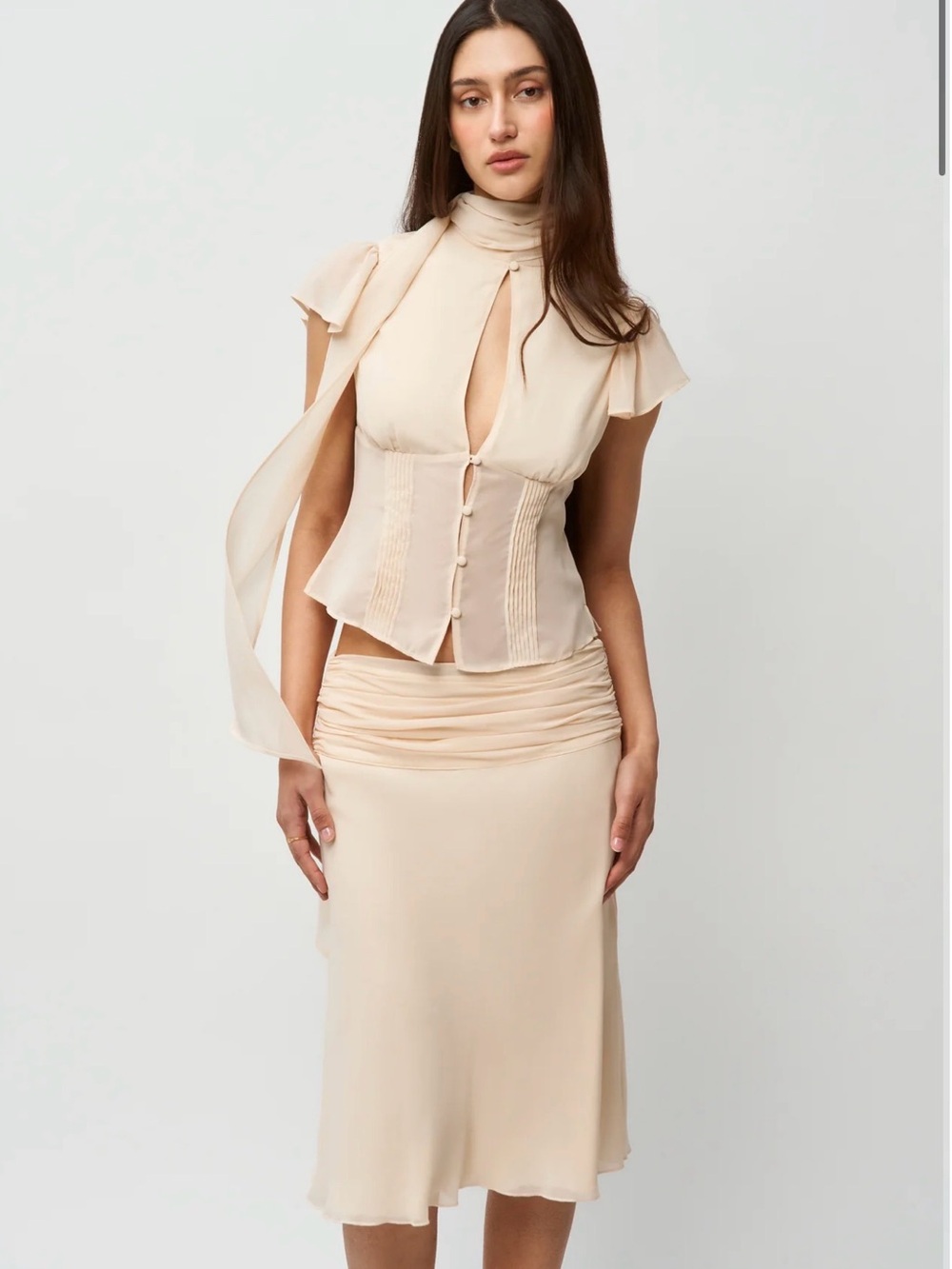 GUIZIO Elegant Cream Chiffon Top + Midi Skirt